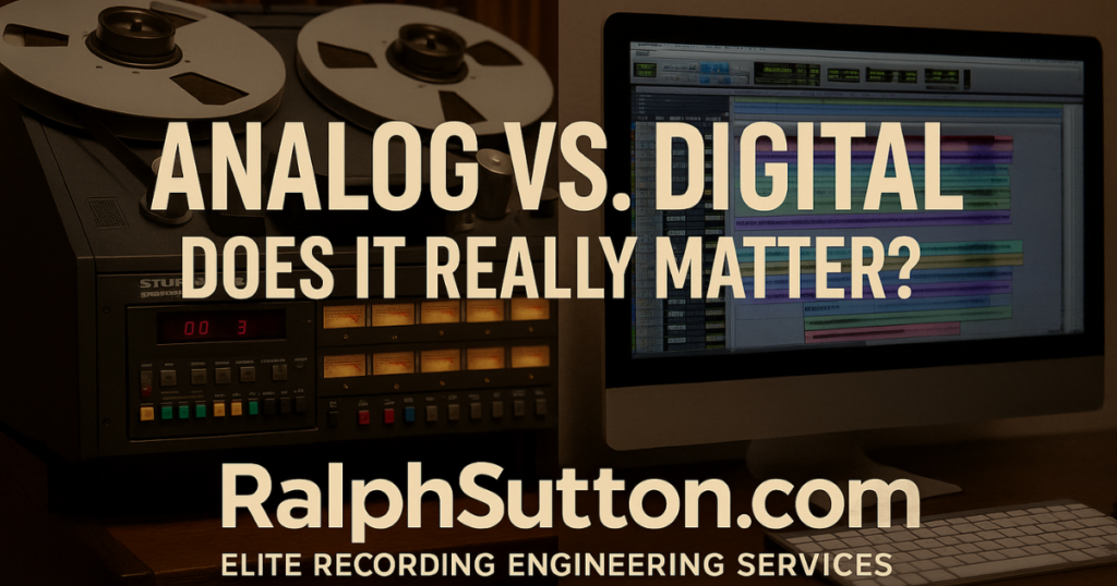 Analog vs. Digital Recording feature image showing a Studer 24-track tape machine next to a modern digital audio workstation with the title 'Analog vs. Digital Recording – Does It Really Matter?' and Ralph Sutton’s branding for Elite Recording Engineering Services