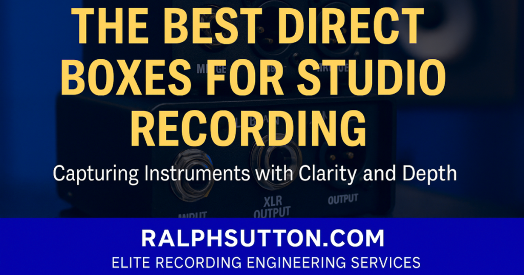 Studio DI box with bold yellow text reading 'Best DI Boxes for Studio Recording – Capture Tone with Clarity and Depth,' featuring RalphSutton.com Elite Recording Engineering Services branding.