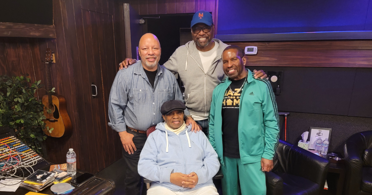 Norman Connors and Ralph Sutton in recording studio control room during recent session