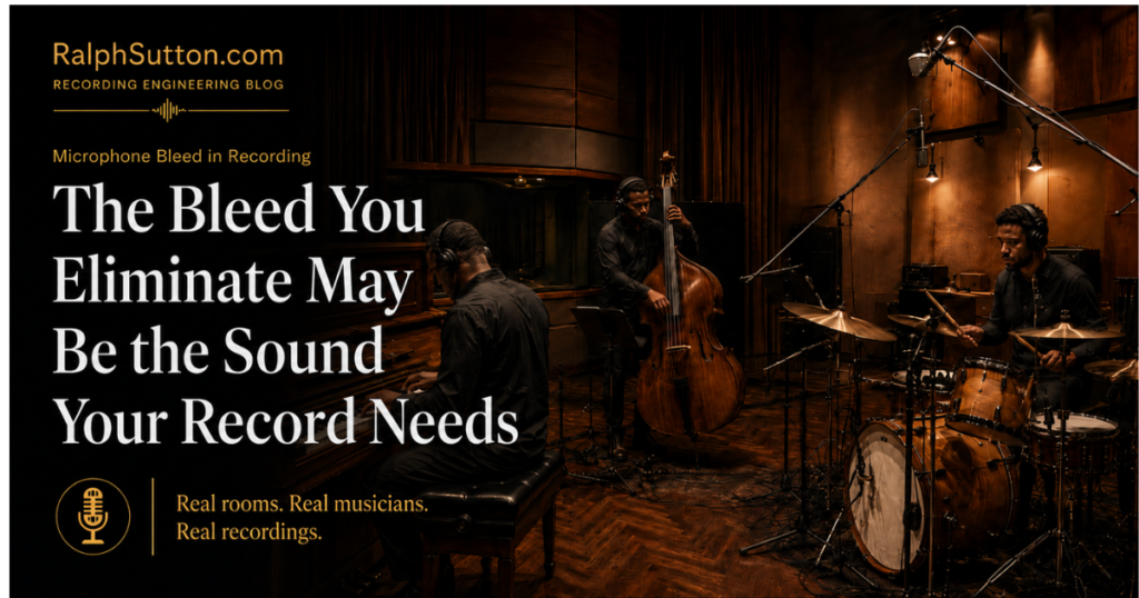 Black rhythm section recording together in a studio for an article about microphone bleed in recording