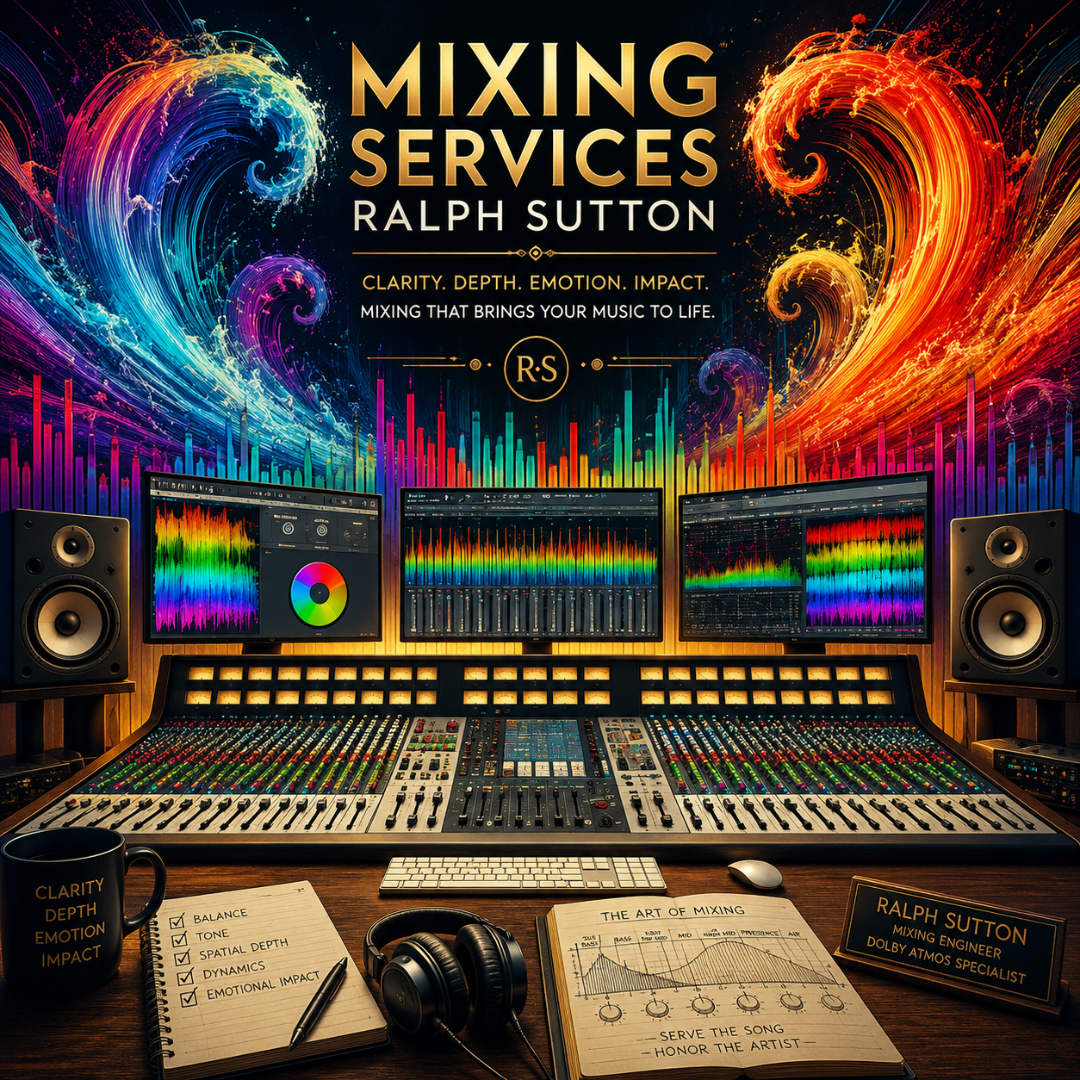 Mixing Services artwork by Ralph Sutton featuring a professional mixing console, colorful audio waveforms, spectrum analyzers, and stereo mixing environment.
