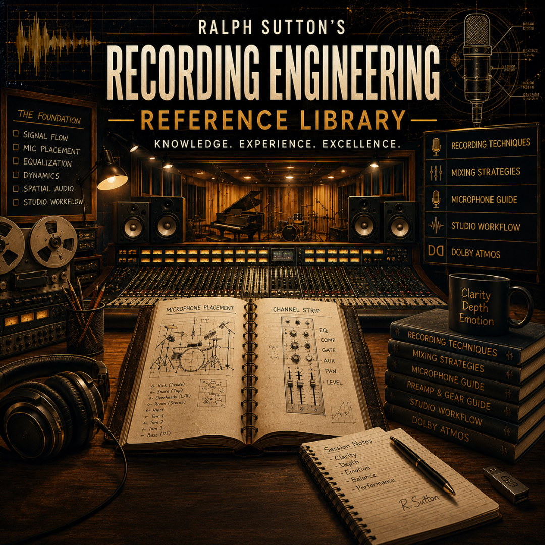 Ralph Sutton's Recording Engineering Reference Library featuring recording techniques, mixing strategies, Dolby Atmos, microphone placement, signal flow, and studio workflow resources.