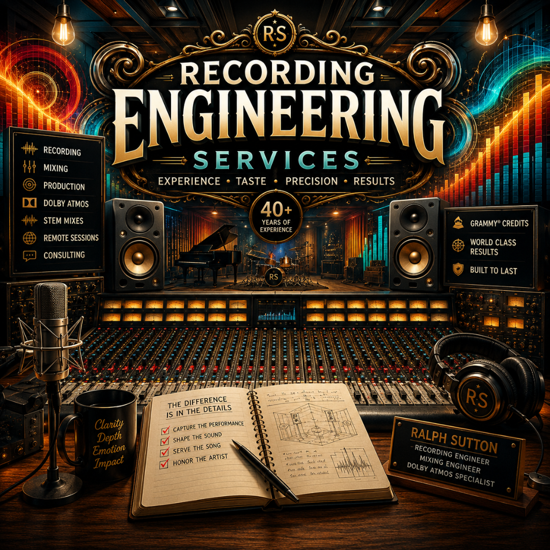 Recording Engineering Services artwork by Ralph Sutton featuring a professional recording studio, large-format mixing console, and music production equipment.