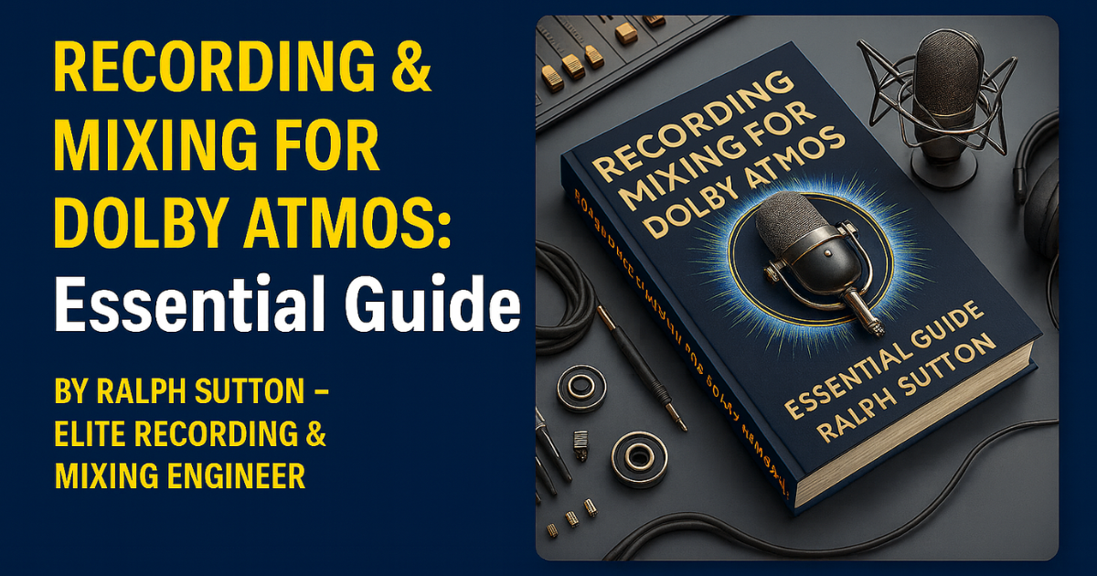 Recording & Mixing for Dolby Atmos: Essential Guide by Ralph Sutton – Elite Recording & Mixing Engineer. Professional digital cover image with modern audio waveforms, mixing console elements, and branding in RalphSutton.com colors.