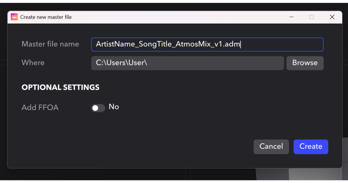 Dolby Atmos Renderer New Master File export window showing project naming convention and FFOA setting.