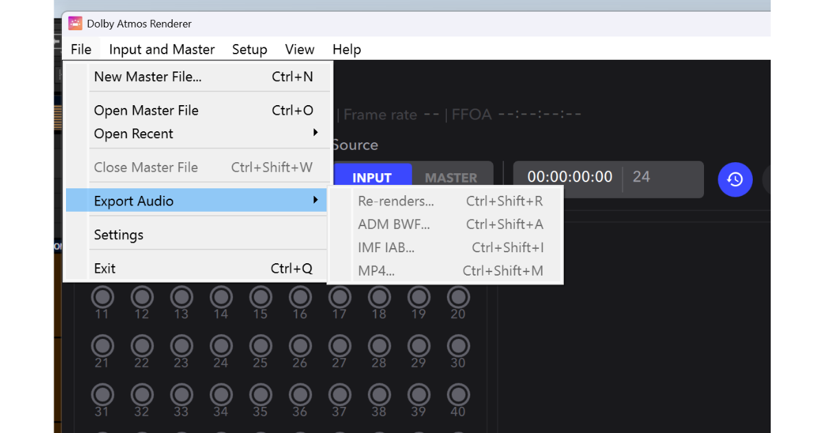 Dolby Atmos Renderer Export Audio menu showing Re-renders and ADM BWF export options.