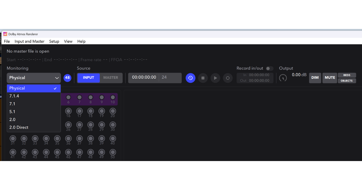 Dolby Atmos Renderer monitoring configuration dropdown used by Ralph Sutton to demonstrate headphone and binaural monitoring workflow.
