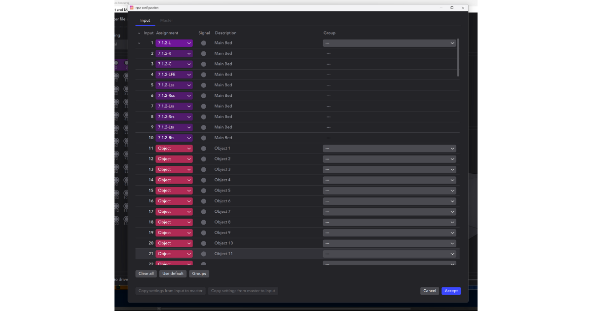 Dolby Atmos Renderer Input Configuration with 7.1.4 Main Bed and Object channels labeled 1–11.