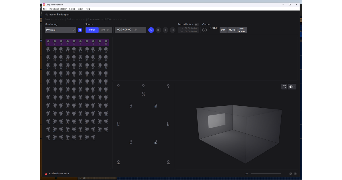 Dolby Atmos Renderer Output Meters view showing bed and object signal routing.