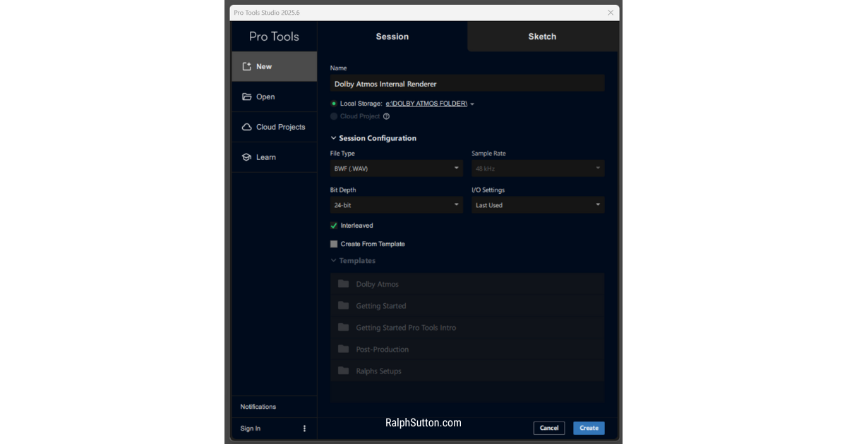 Dolby Atmos Pro Tools session setup window showing Internal Renderer, screenshot by Ralph Sutton.